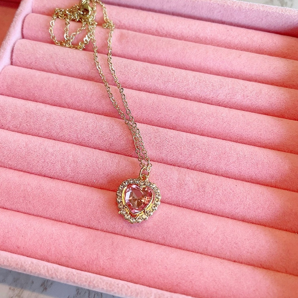 Gold plated Pink heart gem pendant gold necklace - Picture 2 of 3